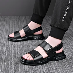 Men's Driving Sandals Genuine Leather Roman Anti Slip Summer British Retro Thick Sole Lightweight Air Cushion Beach Shoes Soft