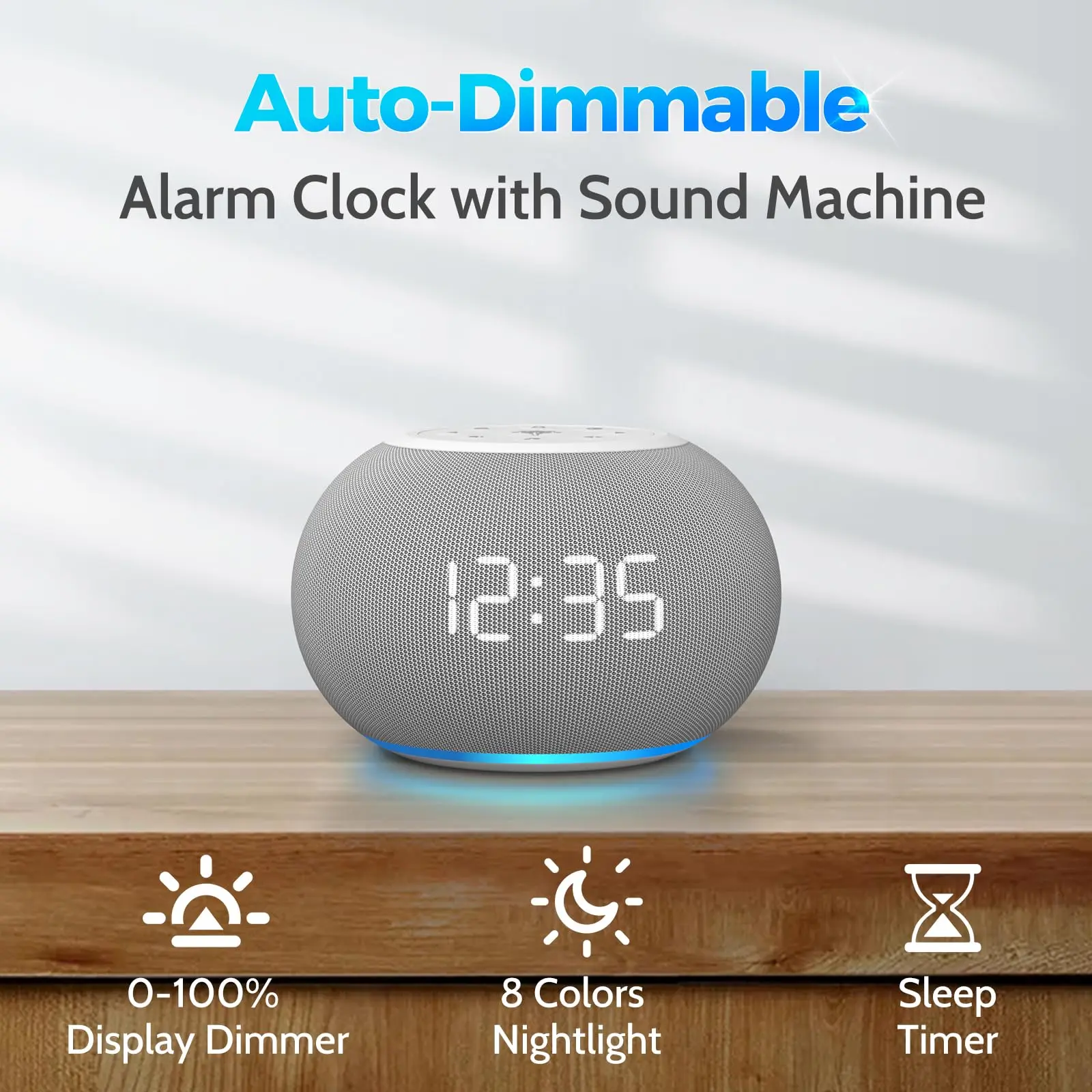 Auto-Dimmable Sound Machine Alarm Clock with Night Light,20 Soothing Sounds,LED Digital Display,Sleep Timer,Volume Control