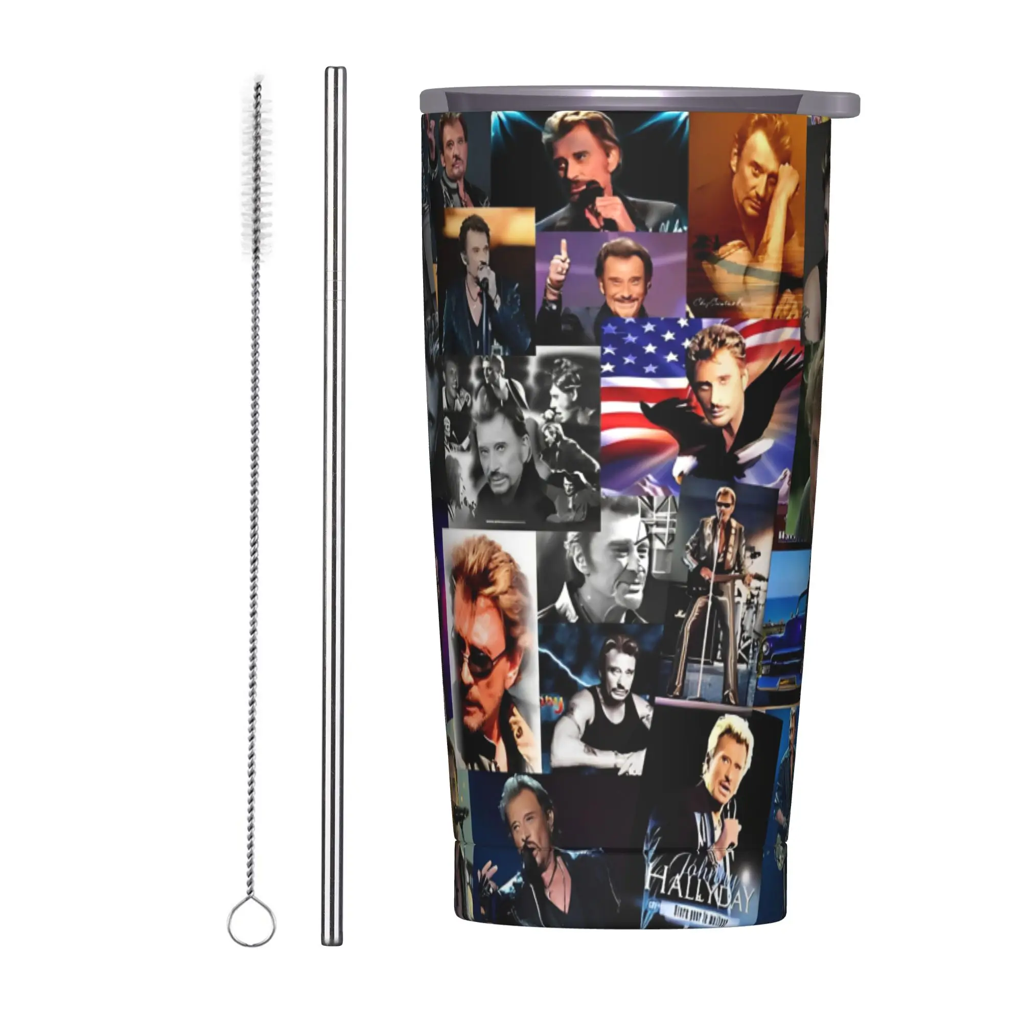 French Singer Rock Star Tumbler Vacuum Insulated Johnny Hallyday  Thermal Cup Stainless Steel Double Wall Mug Spill Proof, 20oz