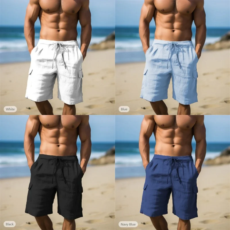 

Summer Cotton And Hemp Shorts Draw Rope Elastic Waist Straight Leg Solid Color Breathable Daily Beach Five Minute Casual Medium