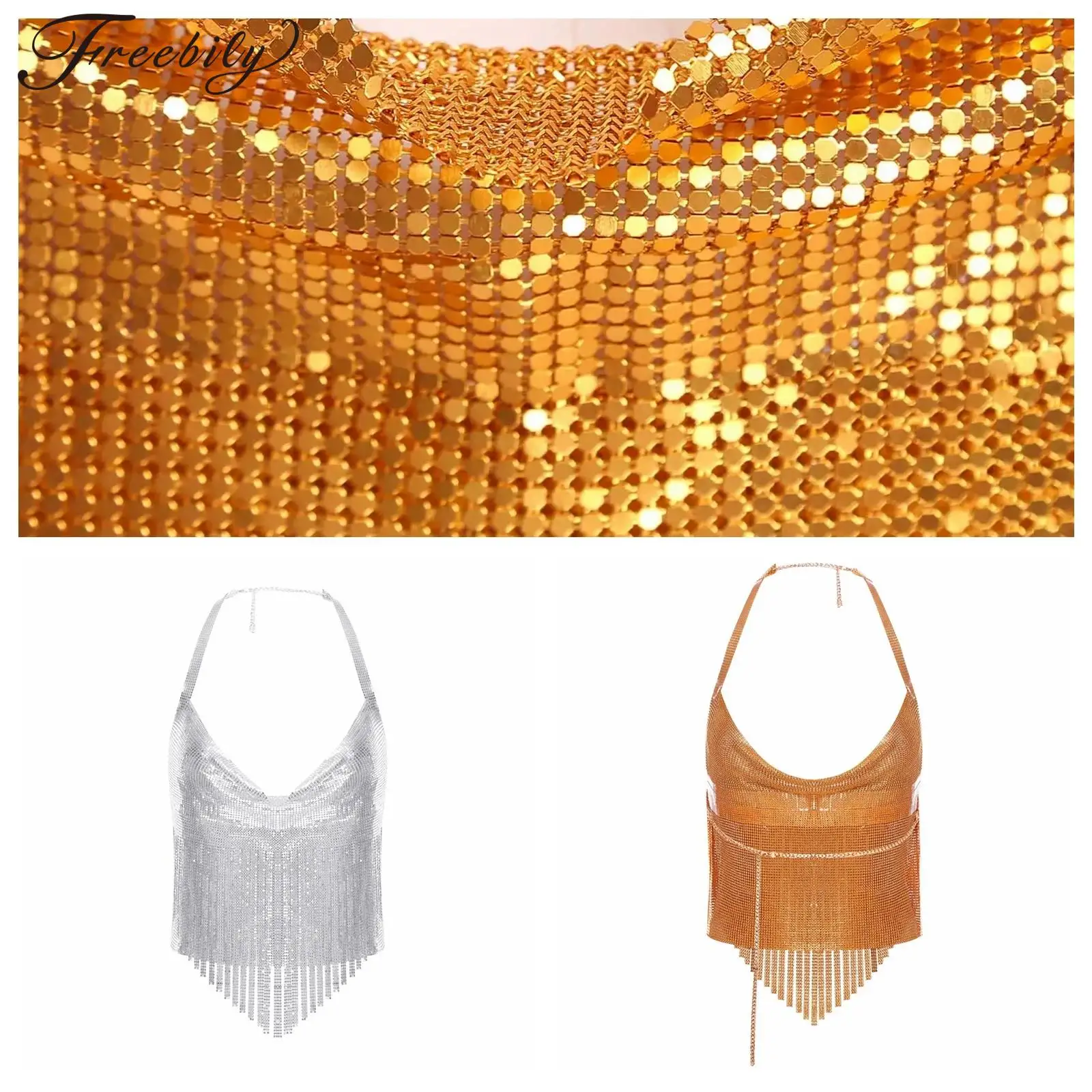 

Женские регулируемые топы с лямкой на шее для ночного клуба, модный музыкальный фестиваль, Rave, блестящий укороченный костюм металлик, горячий вечерний топ с кисточками и открытой спиной