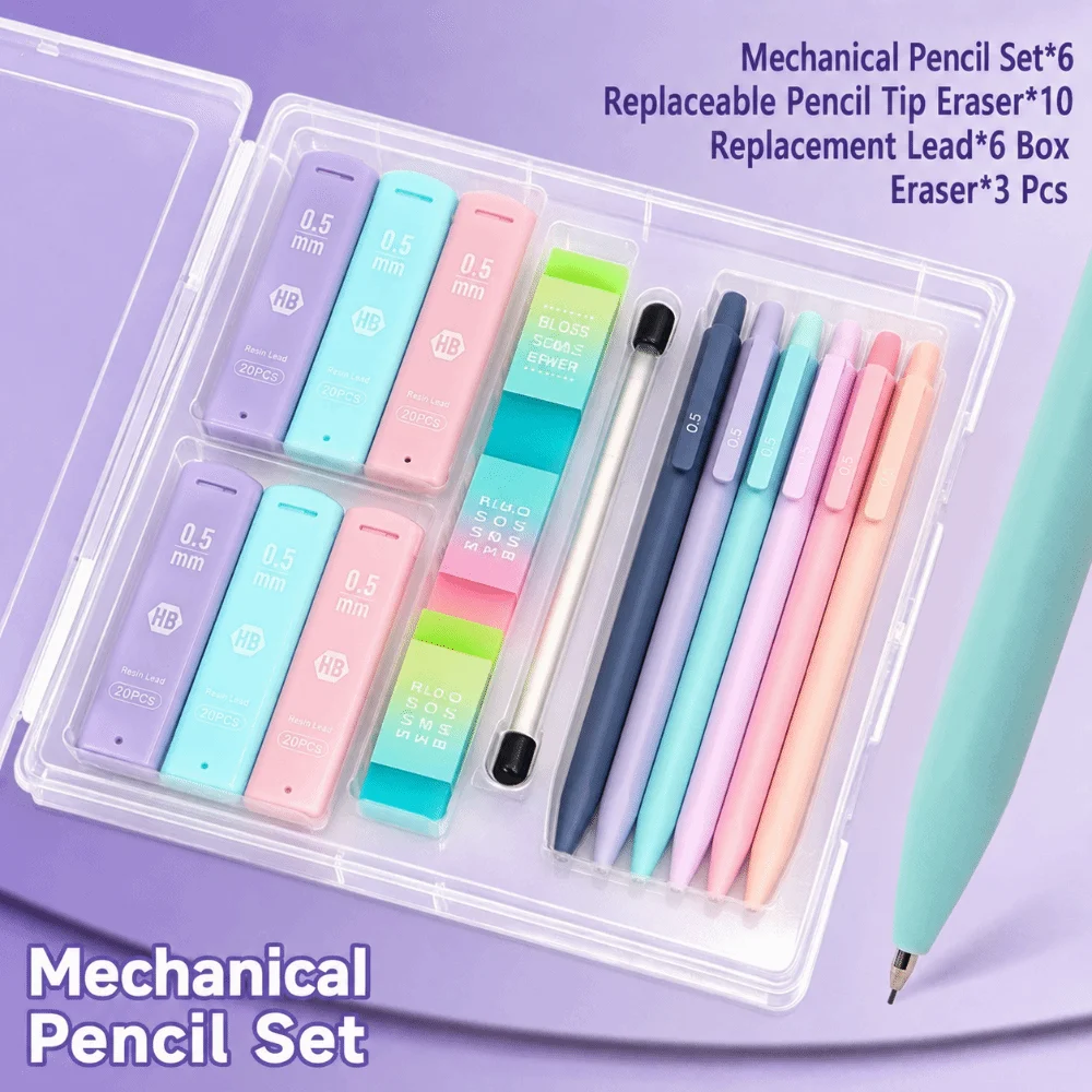 16pcs Durable Morandi Mechanical Pencil Set 0.5/0.7mm with Refills/Erasers Automatic Pencils HB Drafting Pencils Kit Students
