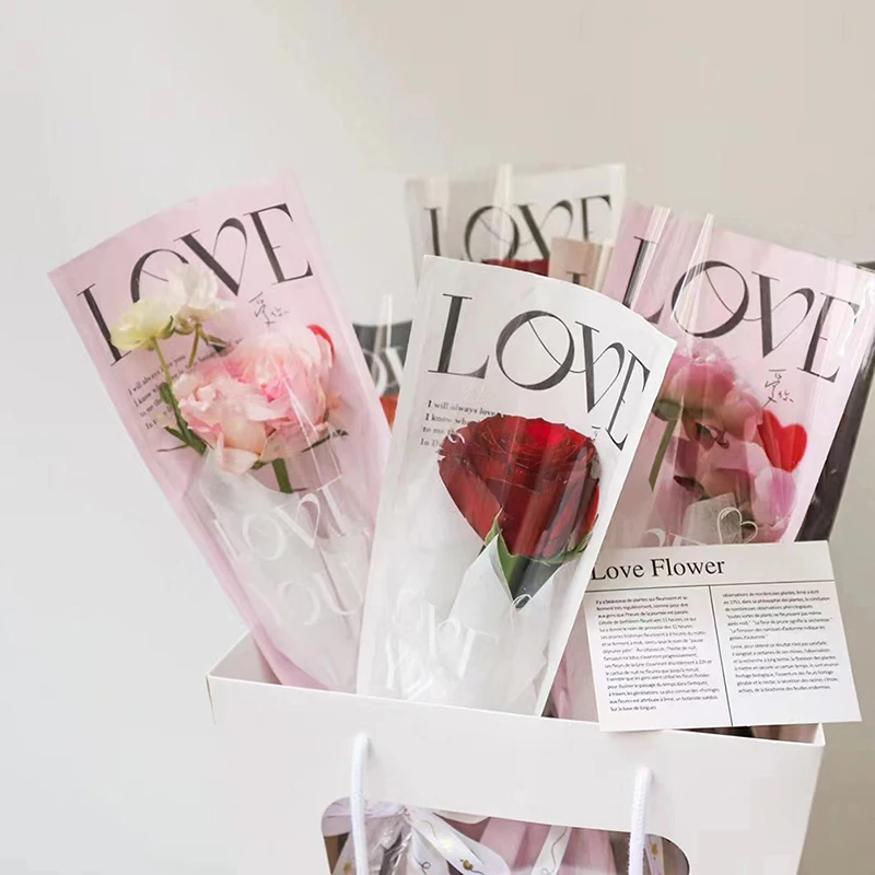 20pcs LOVE Transparent Rose Packaging Bags Flower Bouquet Plastic Bag Bouquet Wrapping Paper One Straight Bag Flower Packaging