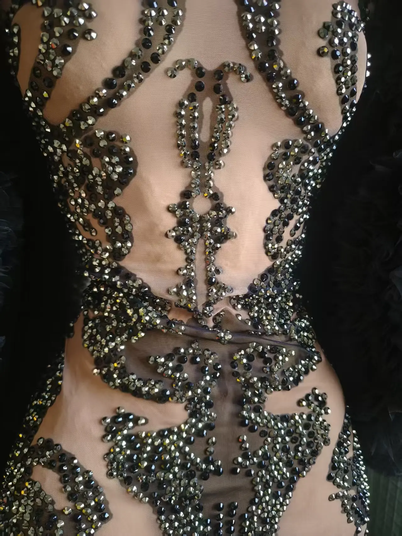 المرأة الفاخرة الراين طويلة نفخة الأكمام Bodycon شبكة فستان قصير مساء نادي حفلة Nightbar DJ Gogo فستان المرحلة زي
