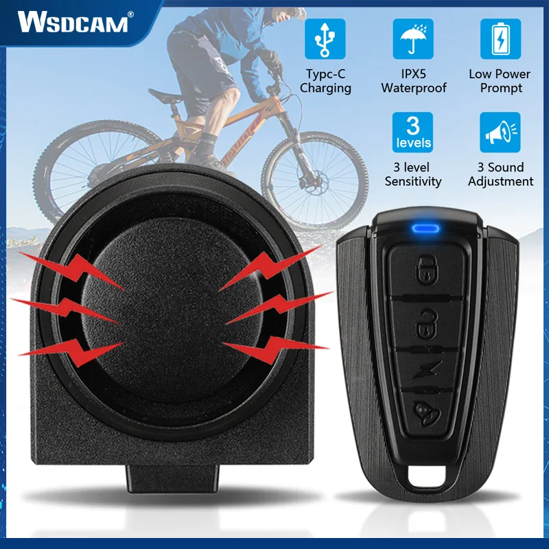 Wsdcam Wireless Bicycle Alarm Waterproof Bike Vibration Alarm USB Charging Remote Control Anti-theft Alarm Security Protection