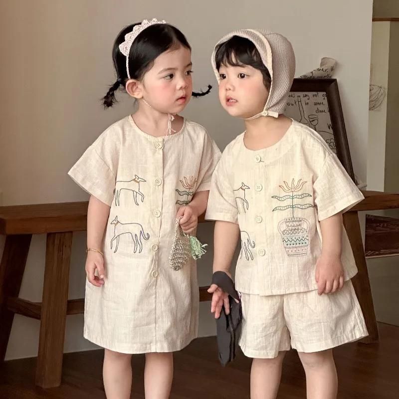 2026 Summer New Children Short Sleeved Clothes Set Boys Shirts + Shorts 2pcs Suit Girls Dress Brother Sister Outfits