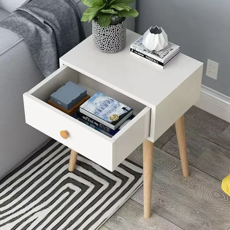 Modern Nightstand with Drawer, Bedside Table with Solid Wood Legs, Adorable Practical End Side Table with Open Storage Shelf