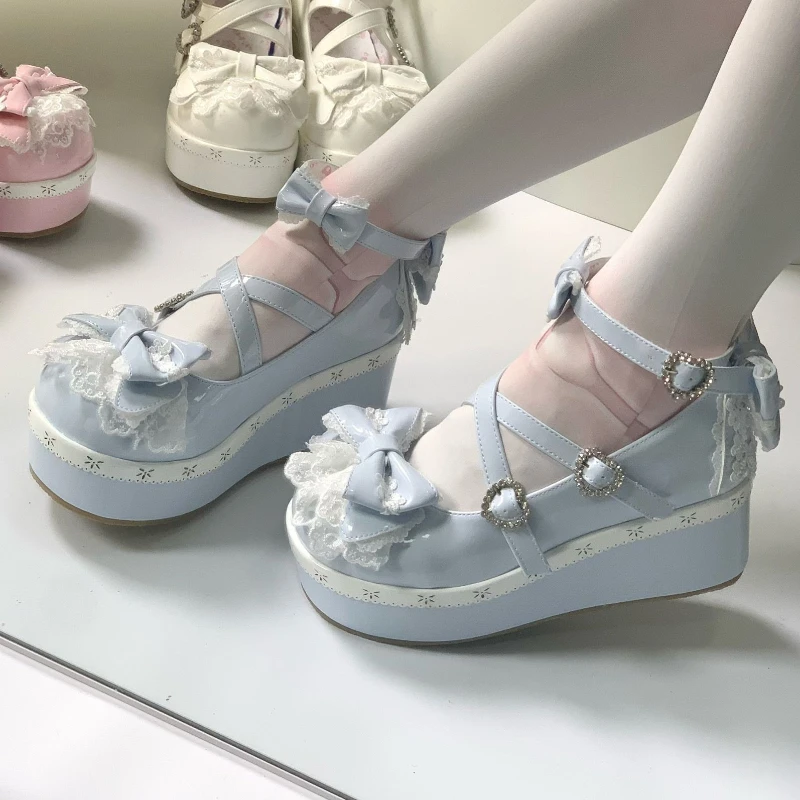 Zapatos japoneses Kawaii Lolita para mujer, con lazo de encaje, estilo pastel, Harajuku Y2k, de boca baja, tipo Mary Jane