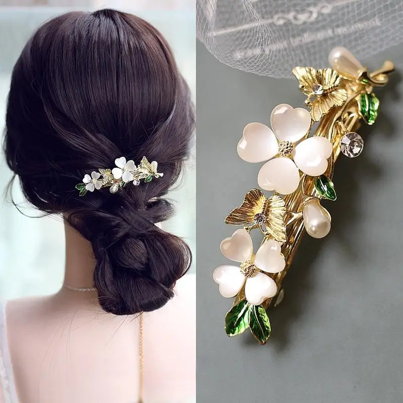 New Boutique White Flower Opal Hair Clip Four Leaf Clover Elegant Fashion Barrette for Girls Women Office