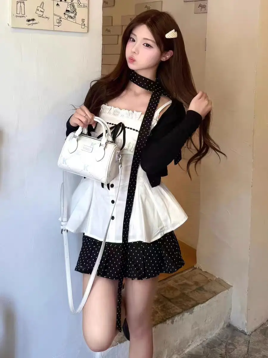 Sweet Lace Bow 2 Piece Set Women Spaghetti Strap Crop Top + High Waist Polka Dot Mini Skirt Slim Fit Party Korean Style Outfit - view 3