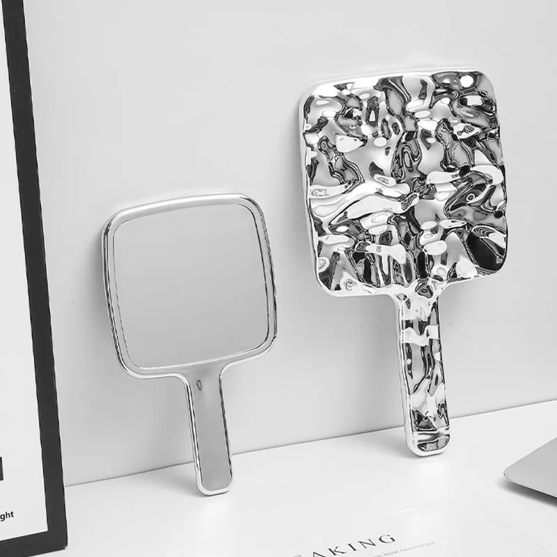 Handspiegel, Wasserwellen-Handspiegel mit Griff für Make-up, quadratisch, silberfarben, Handspiegel, galvanisierter Spiegel, Splitter