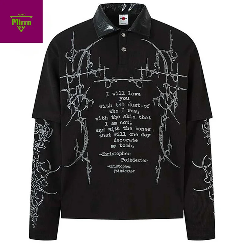 

Vintage Oversized Graphic T Shirts Fake Two Piece Streetwear Harajuku Hip Hop T-shirts Casual Loose Long Sleeve Tshirts Tee Tops