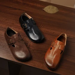 Women's Washed Genuine Leather Clogs with Adjustable Buckle Strap and Cork Footbed Comfortable Loafer Sandals Round Toe Mules