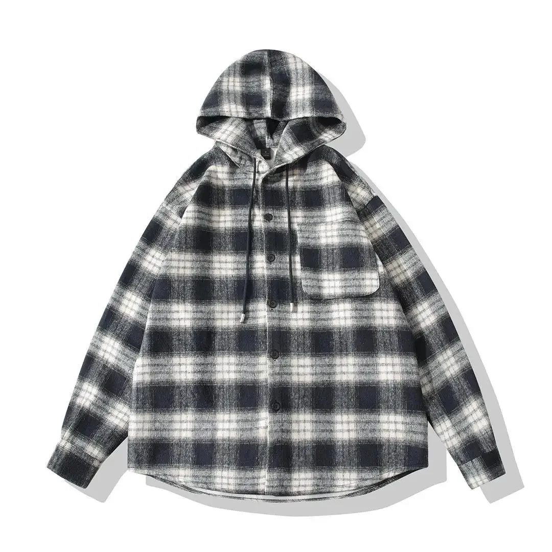 Camicia da donna autunno nuovo stile pigro allentato camicia casual in poliestere di media lunghezza giacca stile classico con cappuccio scozzese di lana 2025 autunno