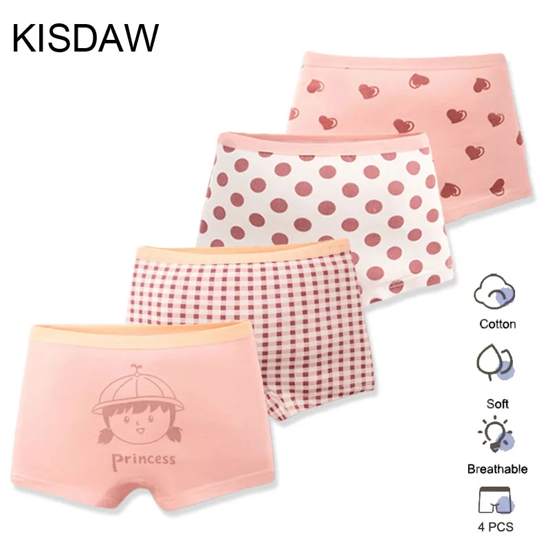 4 Packs Cotton Children Panties Girls Boxer Briefs Pink Cute Cartoon Kids Underwear Panty Antibacterial Breathable Girls Undies