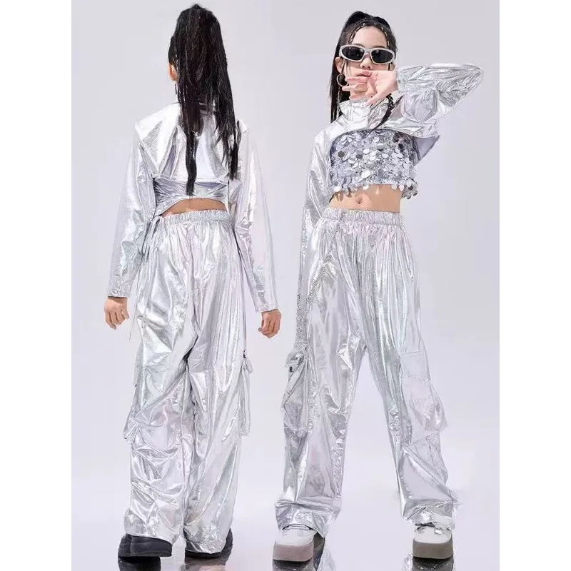 Ubrania do tańca hip-hopowego odblaskowy strój Rave zestawy dziewczęce stroje do tańca jazzowego festiwal krótkie bluzki spodnie Cargo wybieg kostium pokazowy