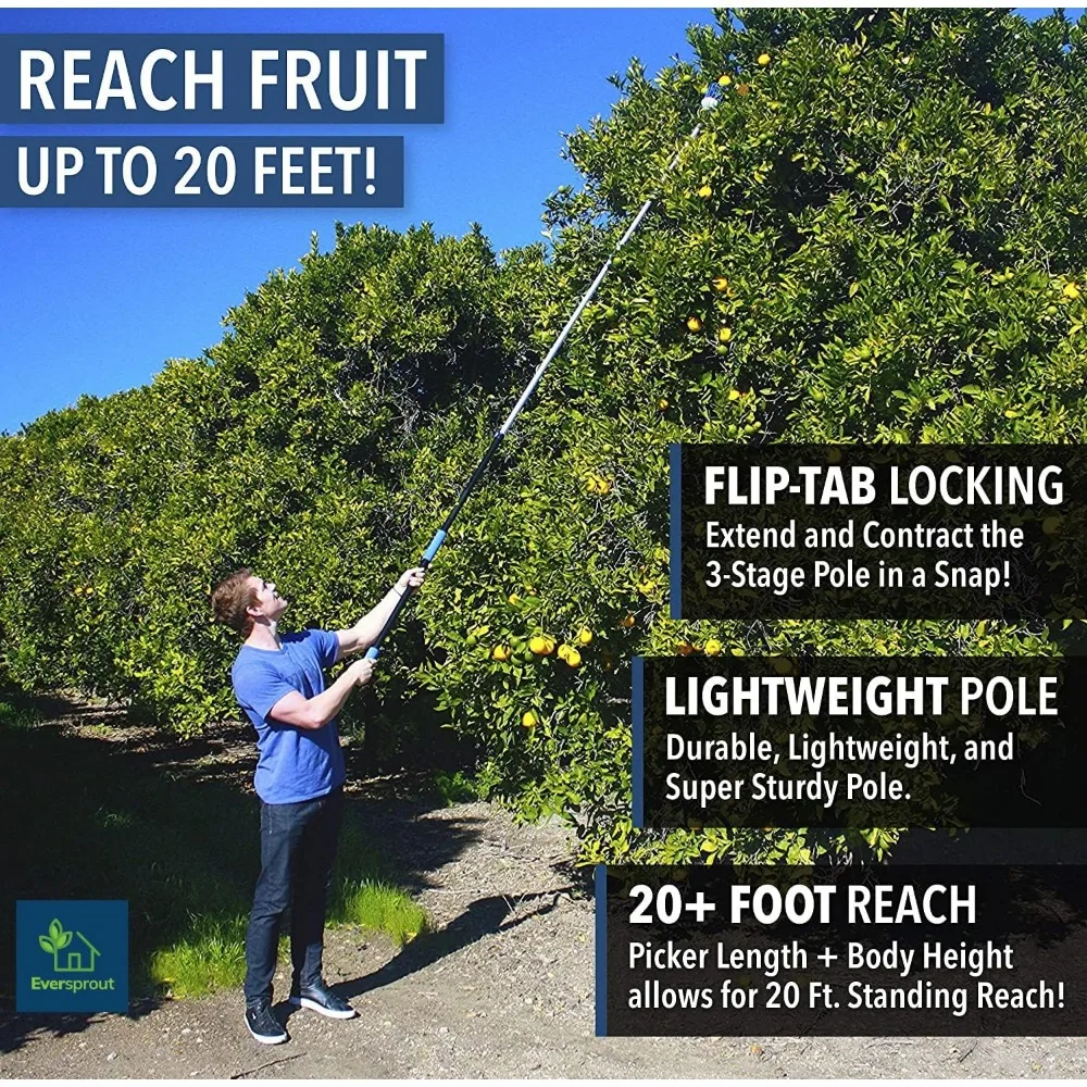 12-Foot Fruit Picker (20+ Foot Reach) | Telescoping Fruit Picker Pole, Easy to Attach Twist-On Apple Basket | Lightweight