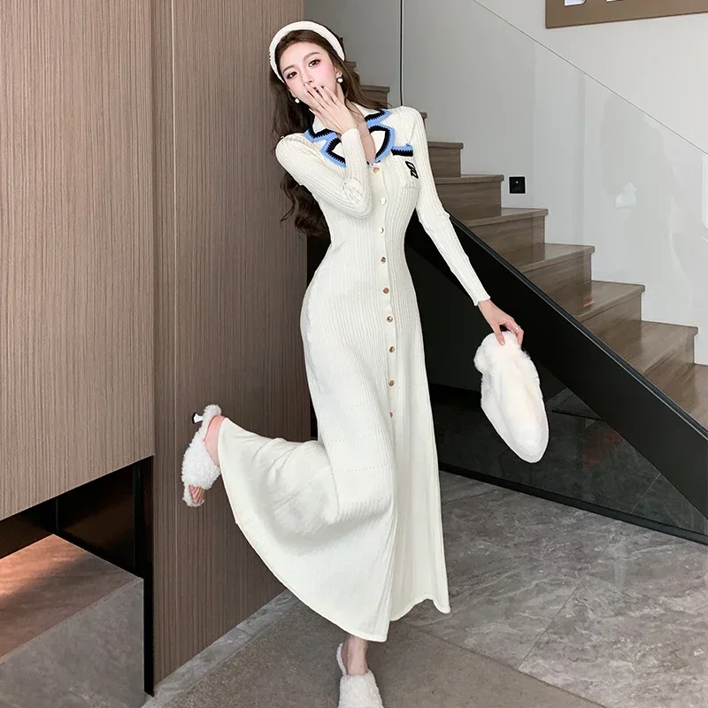 

Cute Sweet Polo Collar Knitted Dresses for Women 2023 New Fashion Autumn Winter Thickening Knit Sweater Slim Ladies Long Dress