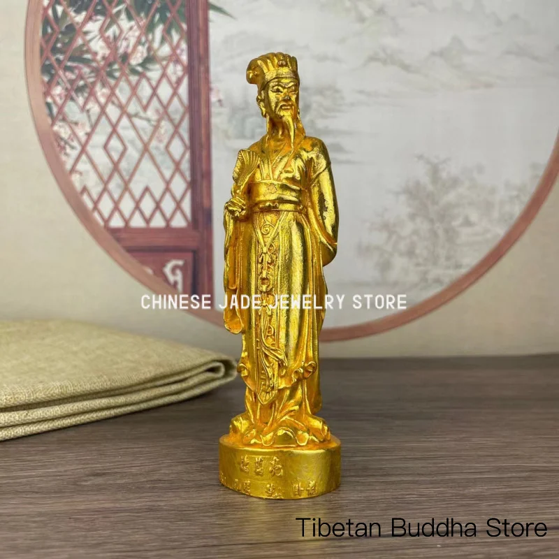Gilt Brass Statue of Zhuge Liang, Antique-Style Craft for Worship and Home Decoration