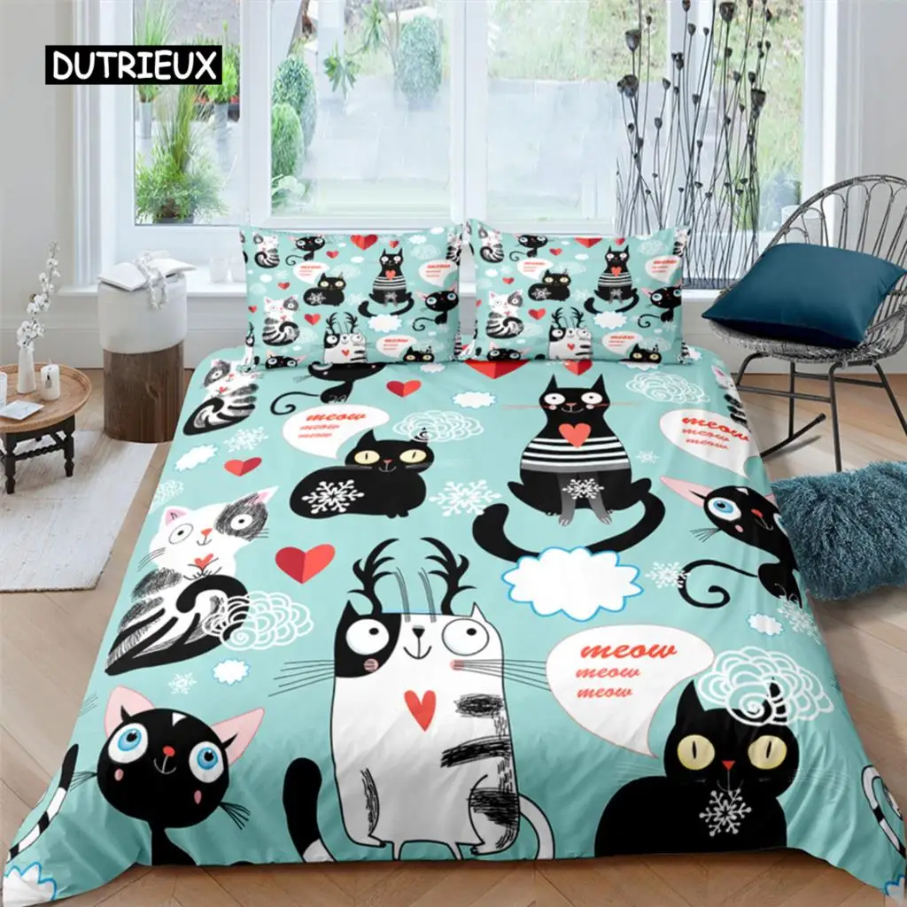 

Home Textile Cartoons Cute Cat Quilt Cover Duvet Cover Pillow Case Boy Girl 2/3Pcs Polyester Bedding Set King Queen Twin Size