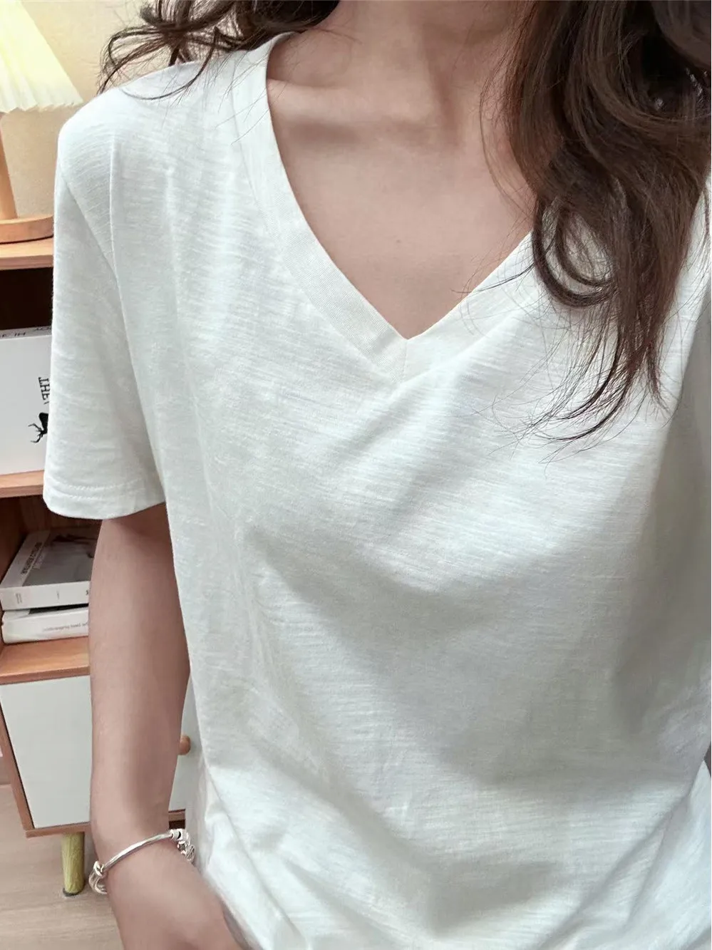 Klein Blue V-Neck Short Sleeve T-Shirt Women's Summer New Loose Versatile Simple Basic Style Korean Commute Style Top