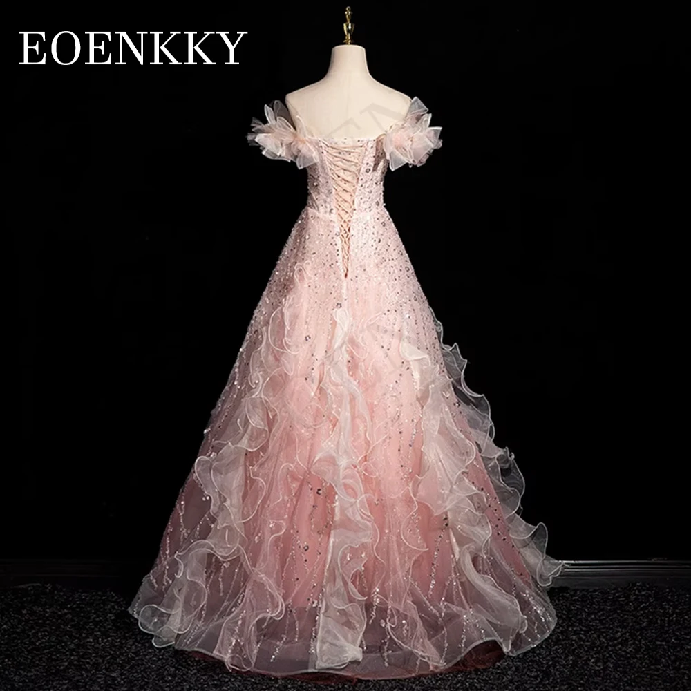 Off Shoulder Ruffles Prom Dresses 2024 Luxury Sequined Beading A Line Special Occasion Dress Pink Floor Length Women فساتين سهرة