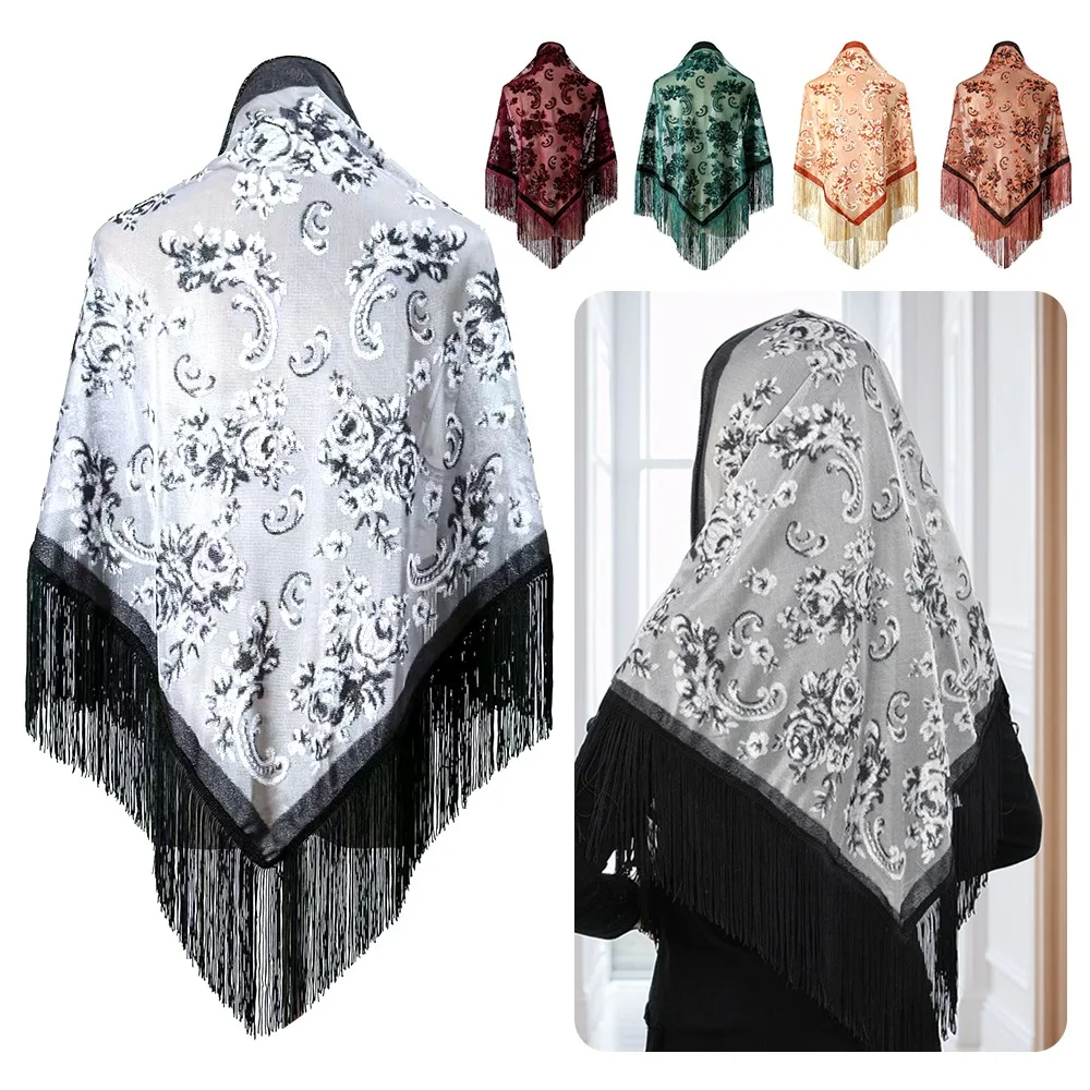 

Fashion 140X70 Cm Tassel Scarf Retro Flocking Flower Triangle Shawl Breathable Elegant V-Neck Cardigans