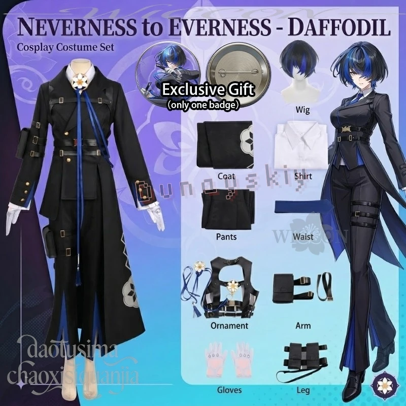 

Anime Game Neverness To Everness Cosplay Daffodill Costume Handsome Punk All Balck Long Coat Suit Y2K Pants Fashion Uniform Wigs