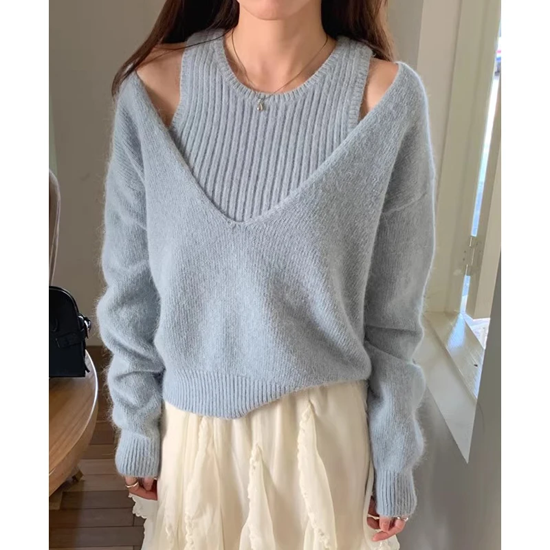 KUSAHIKI Korean Chic Autumn Winter Knit Pullover Vest+V-neck Long Sleeved Sweater Two-piece Set