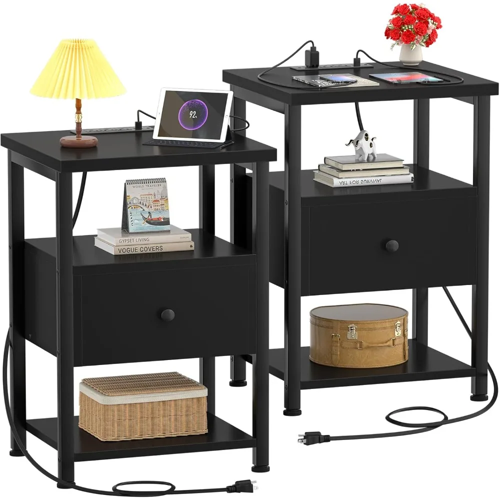 

Nightstand Set of 2, Nightstands with Charging Station, End Table Bedside Table with USB Port, Modern Nightstands