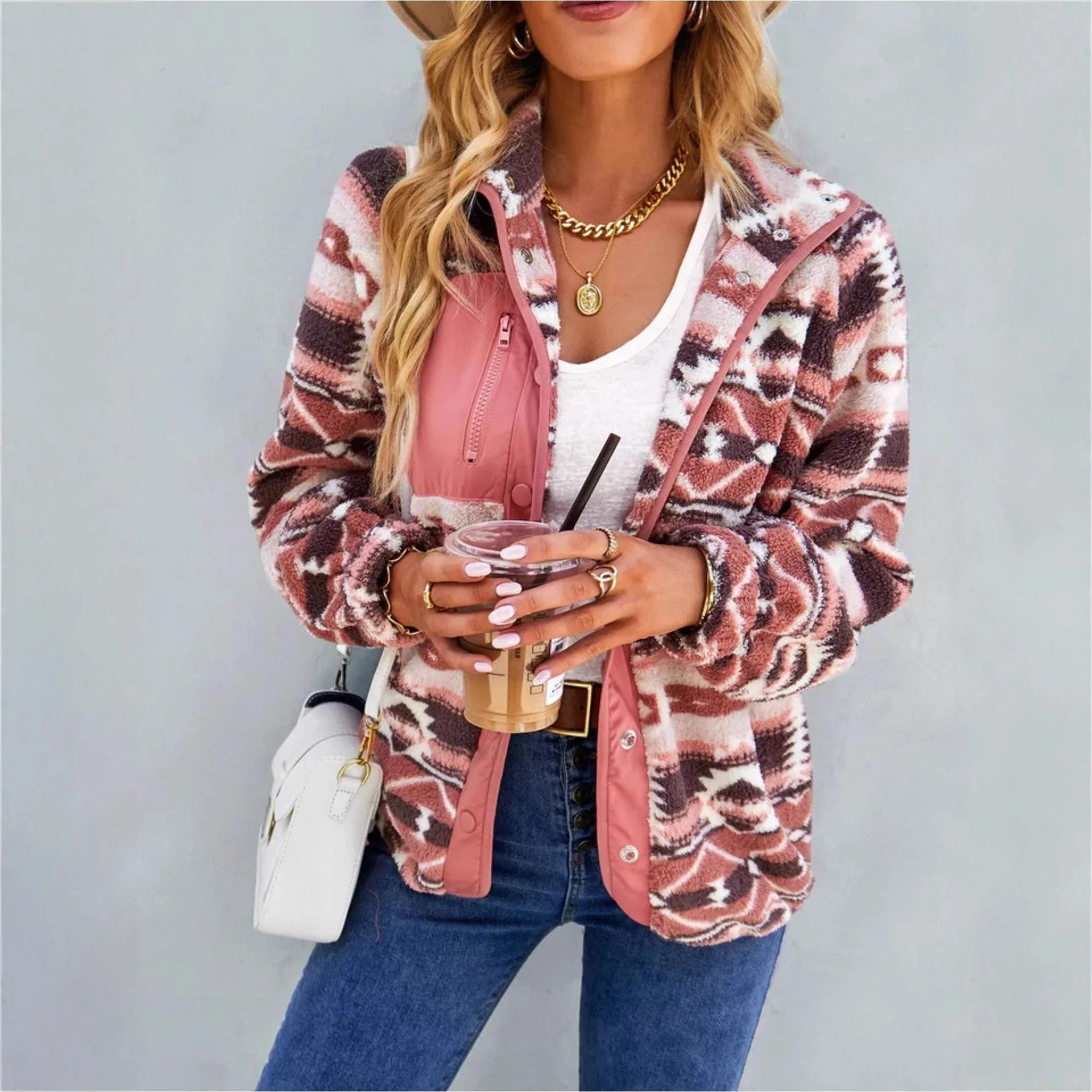 Retro Aztec Geometric Print Shacket Turn Down Collar Button Down Long Sleeve Pockets Loose Fit Thick Warm Winter Outerwear Coat