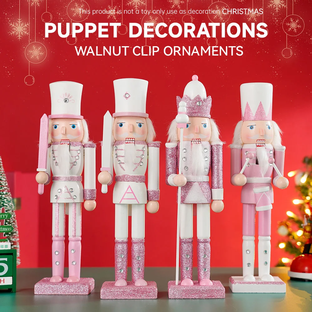 

1pcs 30CM New European Style Pink Nutcracker King Wooden Craft Simple Home Decor Living Room Christmas New Year Ornament