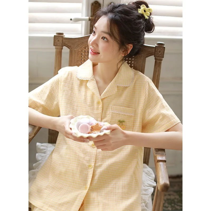 여름 캐주얼 순면 의상 루즈핏 반팔 가디건 작은 라펠 칼라 크롭 팬츠 2피스 세트 스위트 스타일