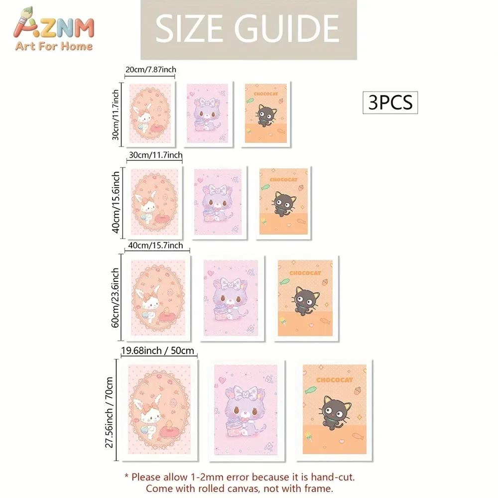 3Pcs Sanrio Canvas Wall Art Wish Me Mell Mewkledreamy Chococat Poster Pink Floral Cute Cartoon Unframed Print Kawaii Girls Bedr