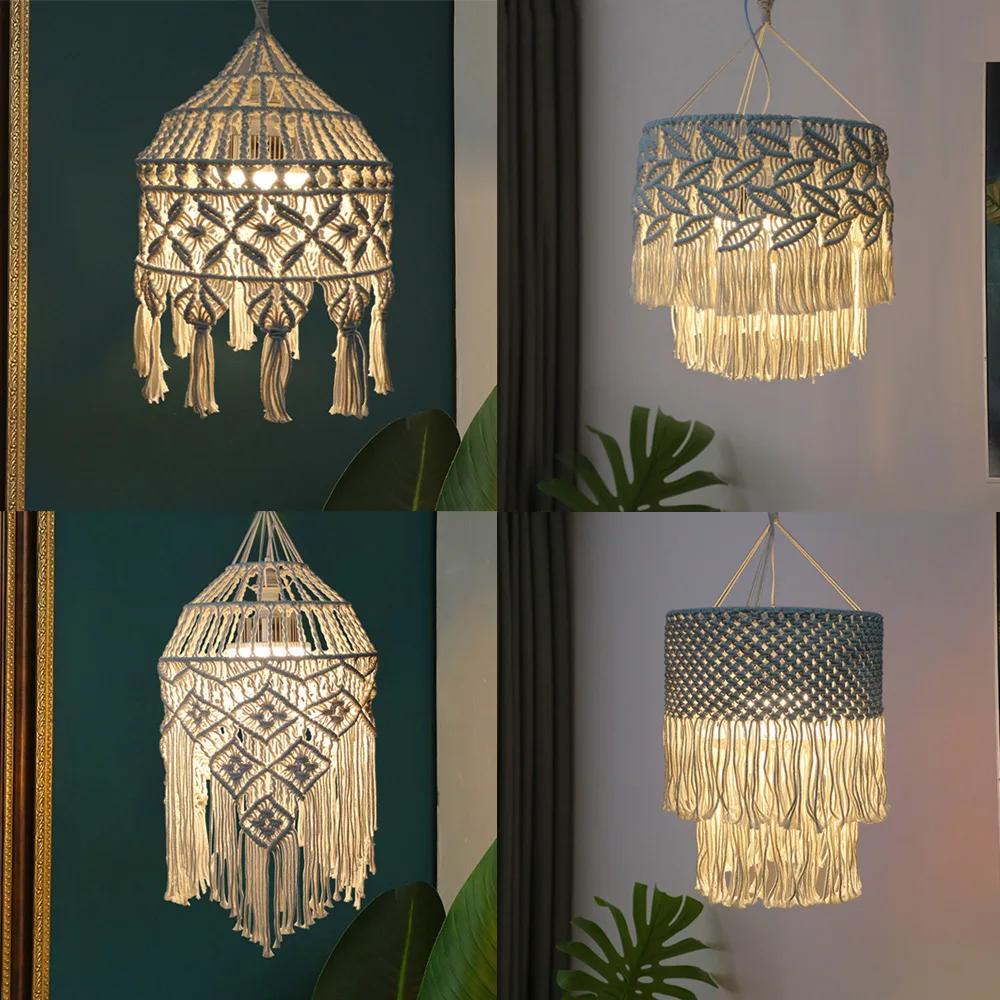 Boho Cotton Rope Lampshade Bohemian Hand-woven Chandelier Tassel Light Cover Homestay E27 Home Decor DIY LED Pendant Lamp