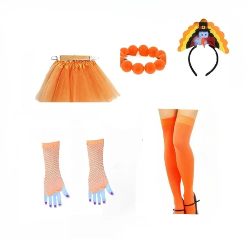 

PESENAR Thanksgiving turkey themed party outfit set (including turkey headband, chiffon skirt, stockings, etc.)