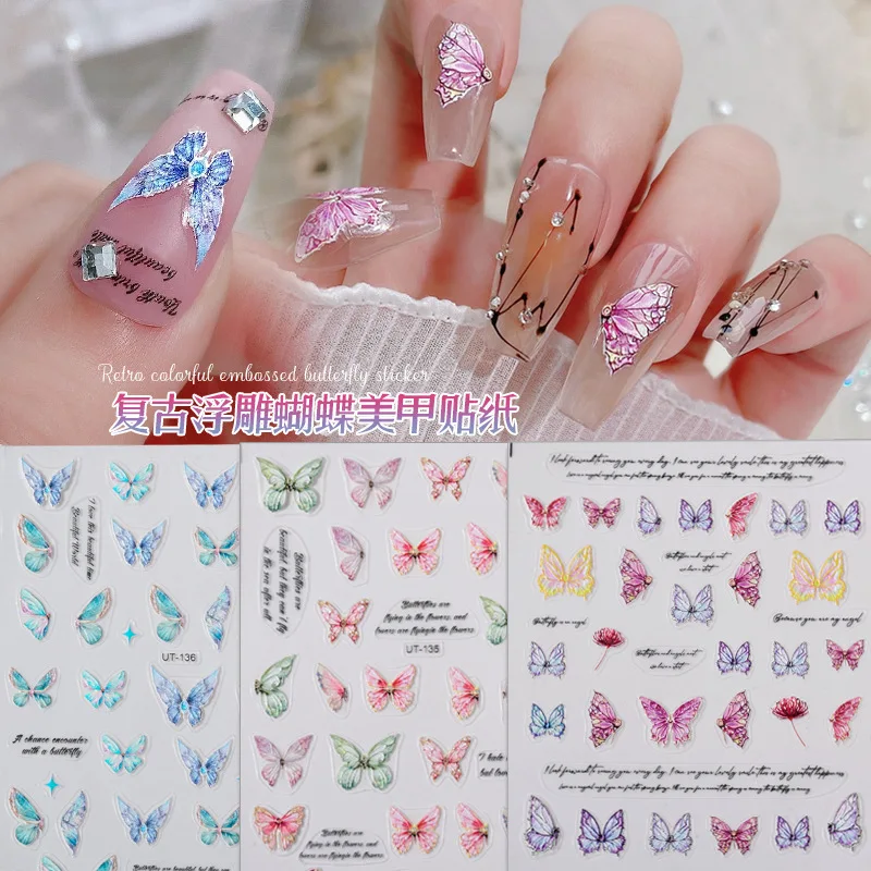 5D motylkowe naklejki na paznokcie eleganckie różowe niebieskie litery suwaki naklejki tłoczone Charms wiosna lato Manicure naklejka dekoracyjna#N#