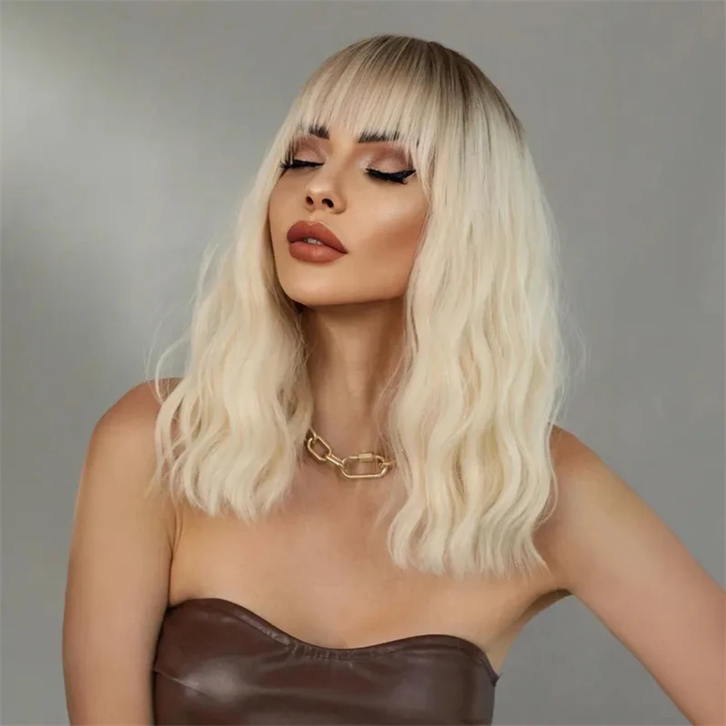 Short Ombre Ash Blonde With Bangs Highlight Synthetic Lace Front Bob Wigs Colored Ash Brown Wig Heat Resistant Hair For Women