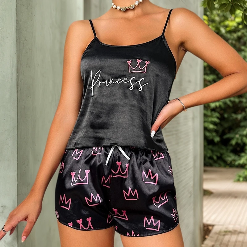 

Cozy Letters Crown Print Pyjama Set For Women Backless Low-Cut Slip Vest And Shorts Ideal For Summer Stylish Sleepware Nightwear