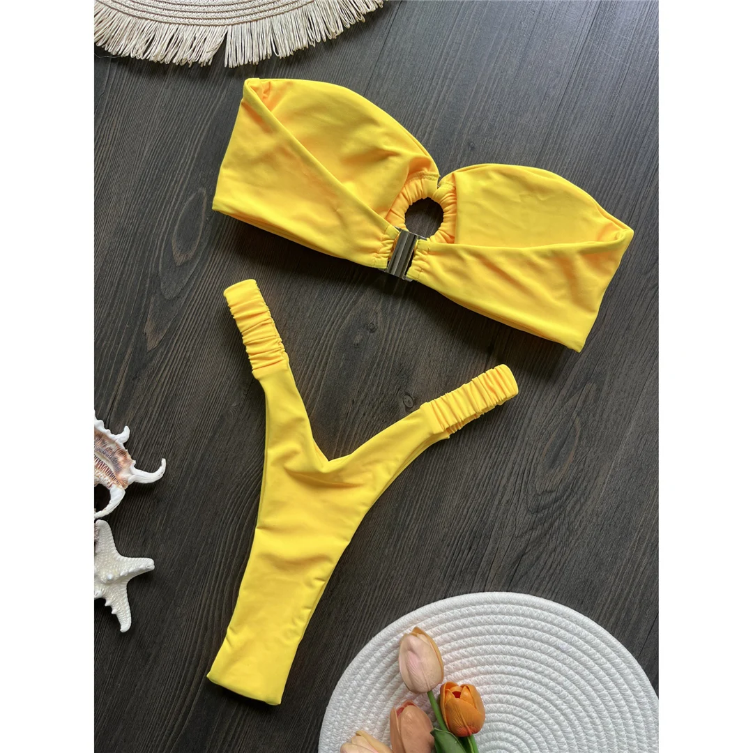 Gefalteter Bandeau-Bikini mit hohem Beinausschnitt, Mini-Tanga, Damen-Badeanzug, zweiteiliges Bikini-Set, Badebekleidung, Badeanzug, Schwimmbekleidung V6085 – Detail 21