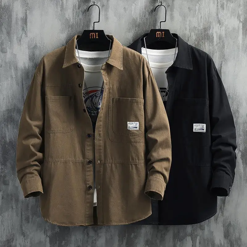 

Loose Fit Long Sleeve American Retro Workwear Shirt Men's Handsome Outerwear Coat Polyester Fiber Breathable Summer Shirt