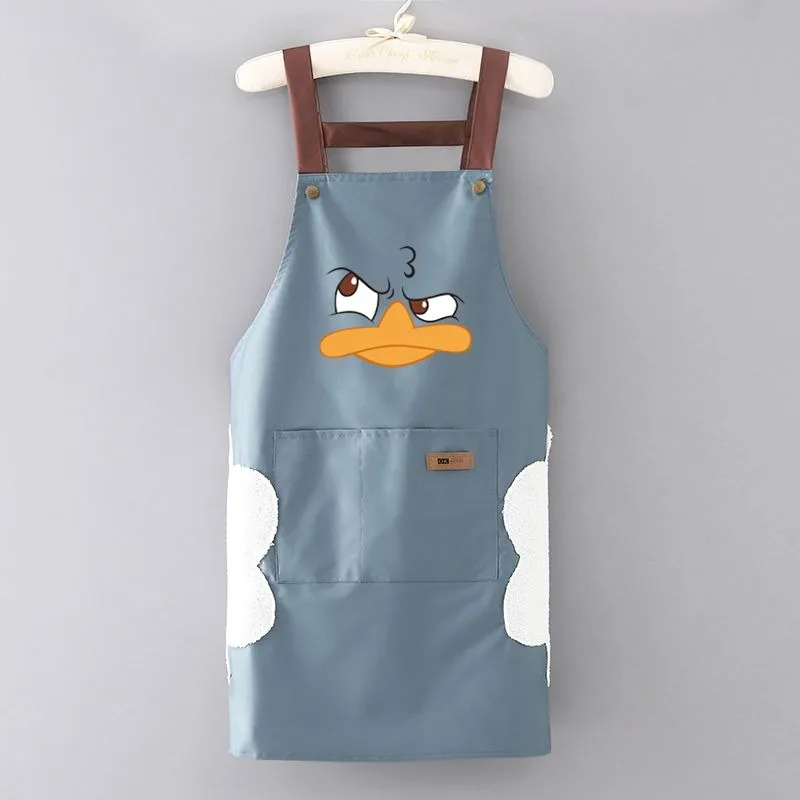 Waterproof Kitchen Apron With Pocket Restaurant Cooking Apron Working Uniforms Kitchen Cleaning Duck Printed Pattern Cloth Apron