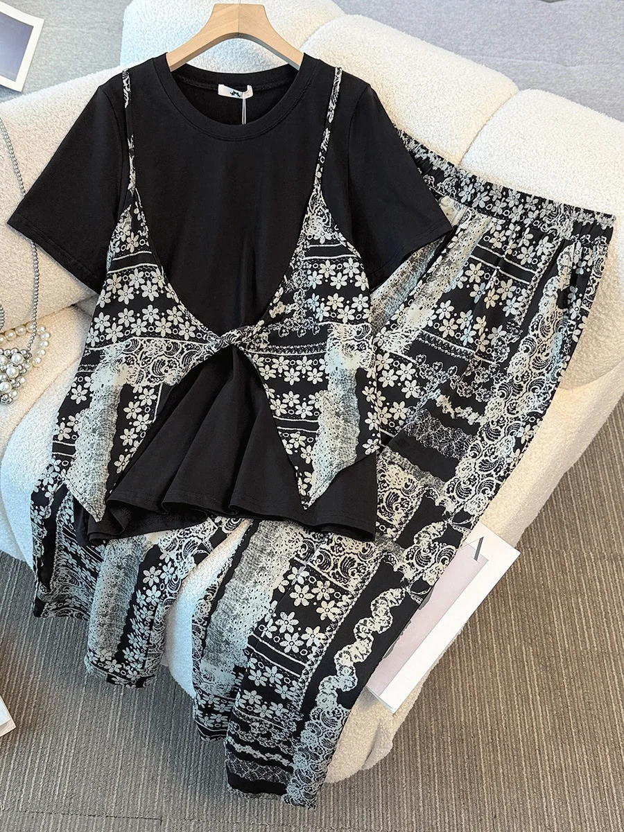 

150Kg Plus Size Women's Bust 153 Summer Retro Top Pants Set Black 5XL 6XL 7XL 8XL 9XL