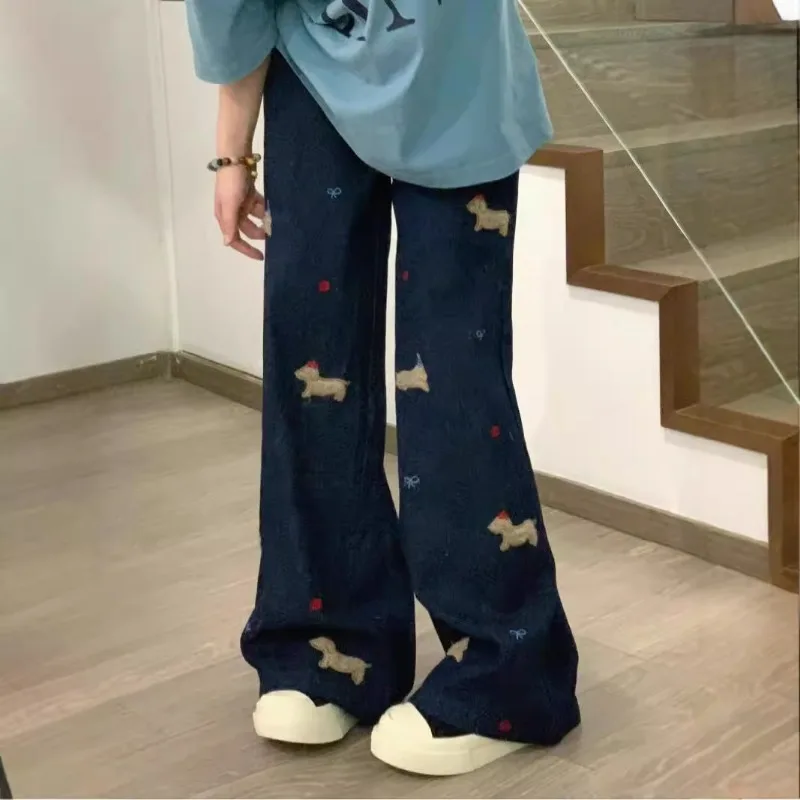 American Retro Creative Cartoon High-waisted Jeans for Women in Autumn Loose Wide-leg Design Casual and Versatile Trousers