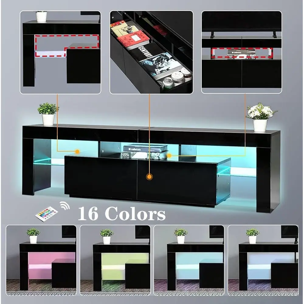 60-75 Inch High Gloss Wooden TV Stand with Glass Shelves for Entertainment and Gaming view 4