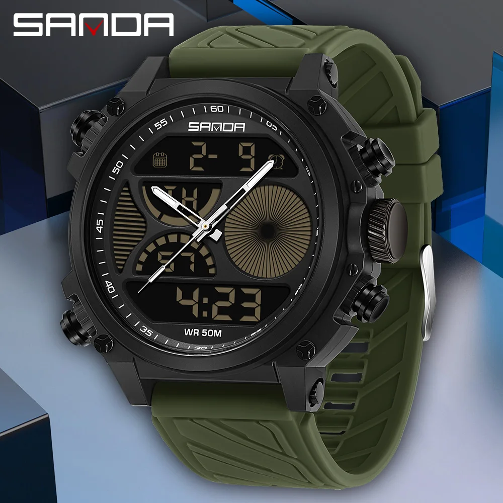 

Модные студенческие электронные часы SANDA 6236, большой циферблат, двойной экран, многофункциональные водонепроницаемые студенческие электронные часы, часы