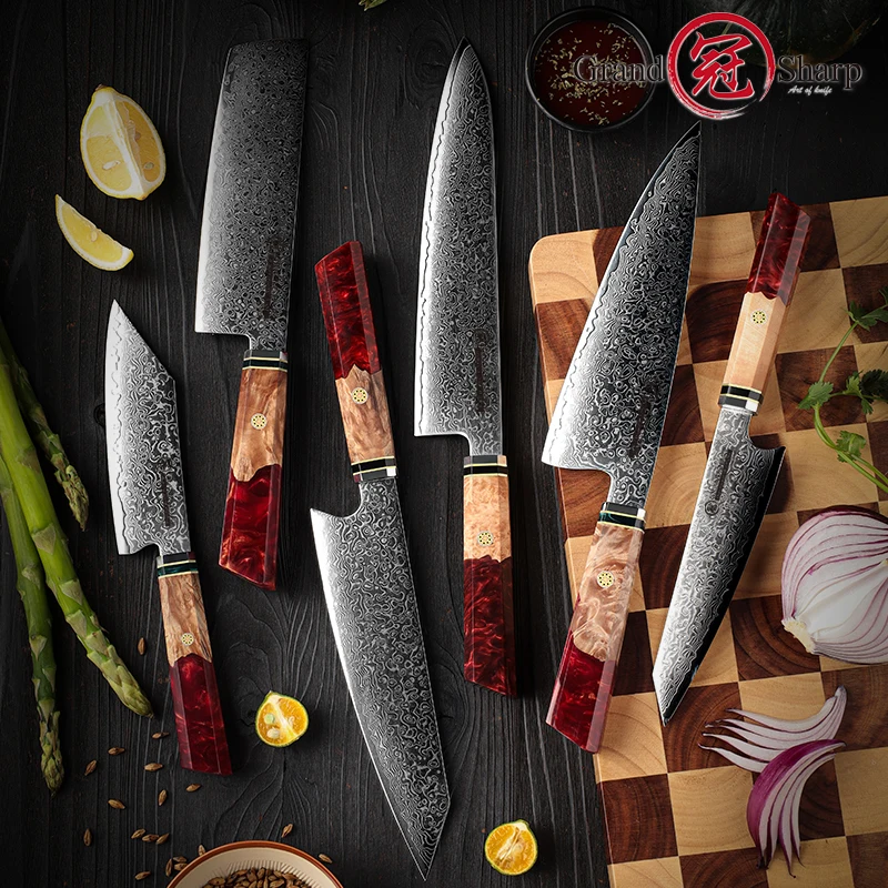 Grandsharp Japanese Kitchen Knives Damascus Steel Chef Cooking Tools Nakiry Utility Santoku Knife Maple Handle Red Blue Colors