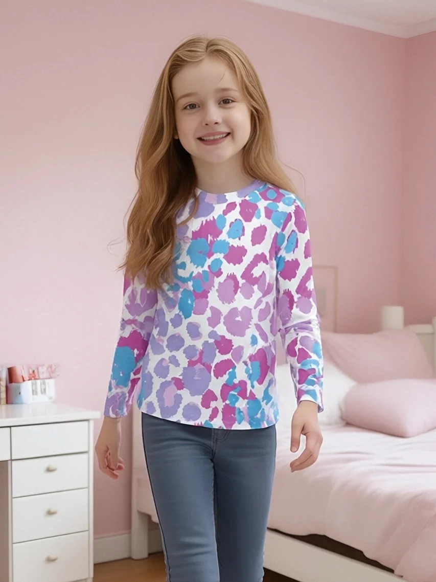 2026 Girls Long Sleeve T-Shirt, Blue Purple Pink Leopard Print Long Sleeve