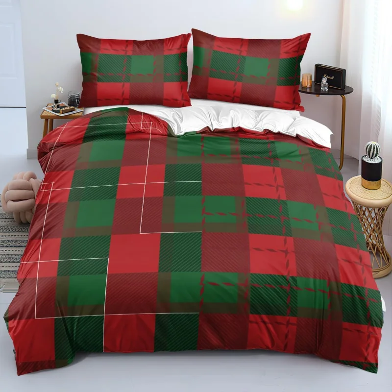 Christmas duvet cover extra large red green country grid holiday decoration (1 duvet cover, 2 pillowcases, no duvet)