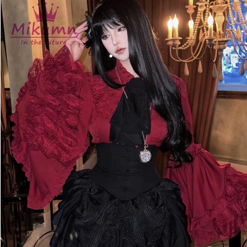 Mikumn Harajuku قمصان قوطية عتيقة يابانية Y2k Kawaii تأثيري لوليتا قمصان المرأة أنيقة الدانتيل مضيئة كم بلوزة بلايز